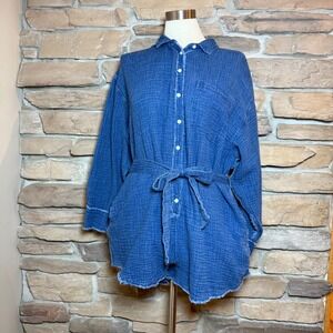 Aerie Crinkle Gauze Button Front Belted Romper Blue Size M